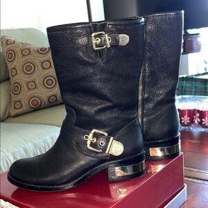 Size 7&1/2 Vince Camuto Moto Black Leather Boots with Gold Embellishment